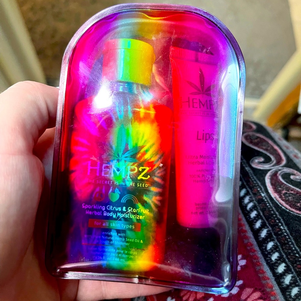 HEMPZ lip oil and shimmering body lotion with tie dye rainbow pouch